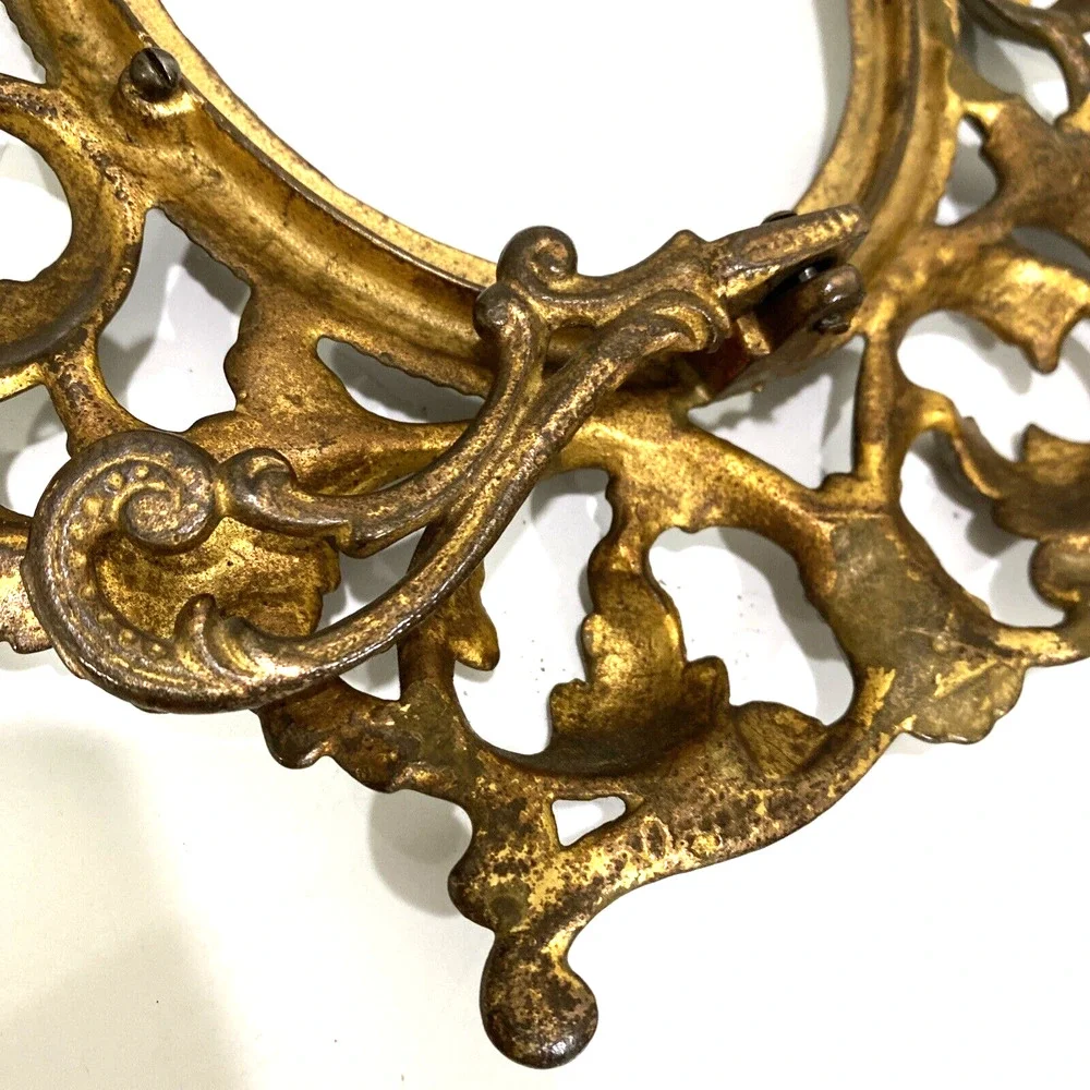 Vintage Cast Metal Frame Ornate Portrait Photo Holder Gold Victorian Oval FLAW